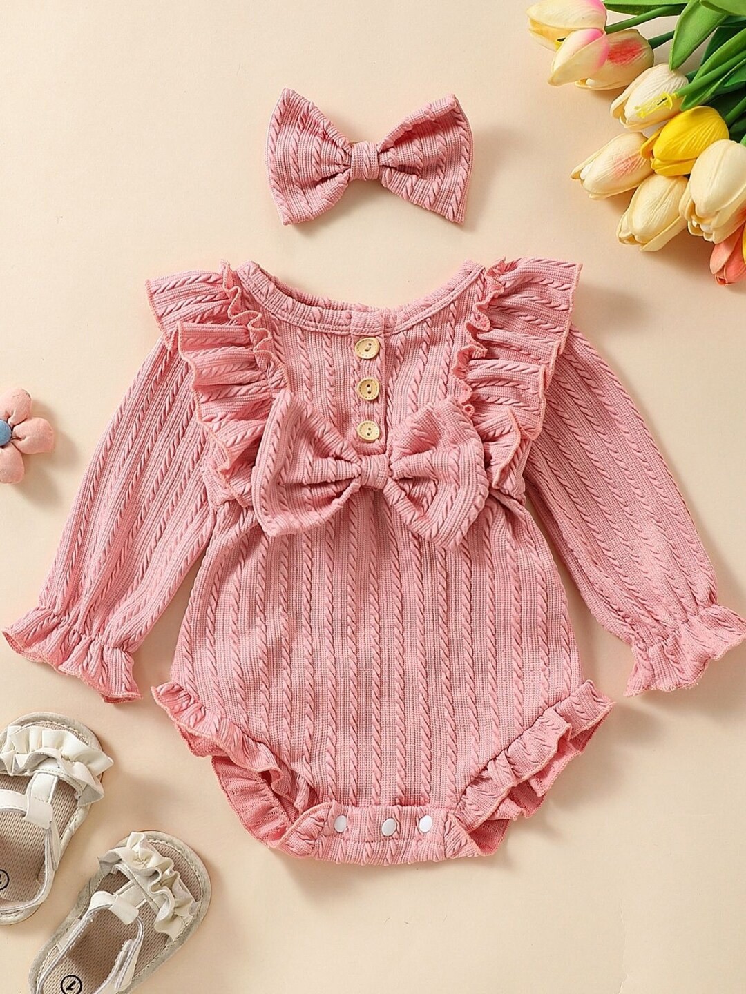 

StyleCast Infants Girls Pink Self design Bow Knot Detail Bodysuit