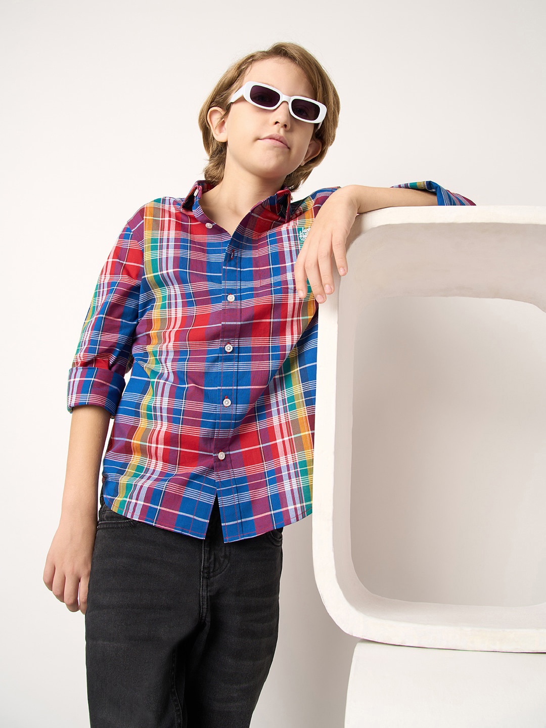 

Jack & Jones Junior Boys Tartan Checked Cotton Regular Fit Casual Shirt, Blue