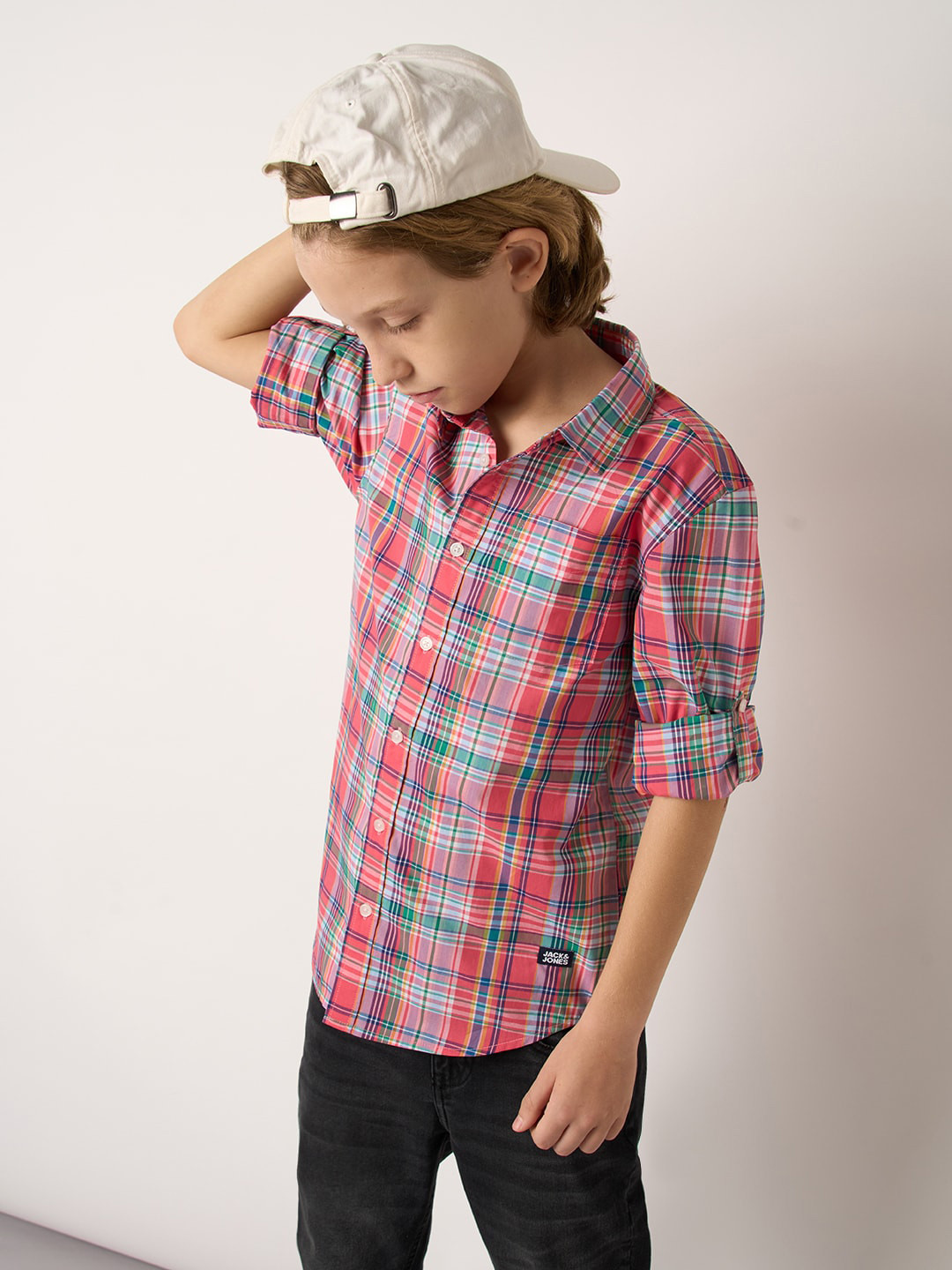 

Jack & Jones Junior Boys Tartan Checked Spread Collar Casual Shirt, Red