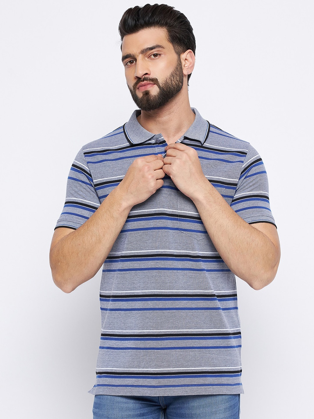 

NEVA Striped Polo Collar Cotton T-shirt, Grey