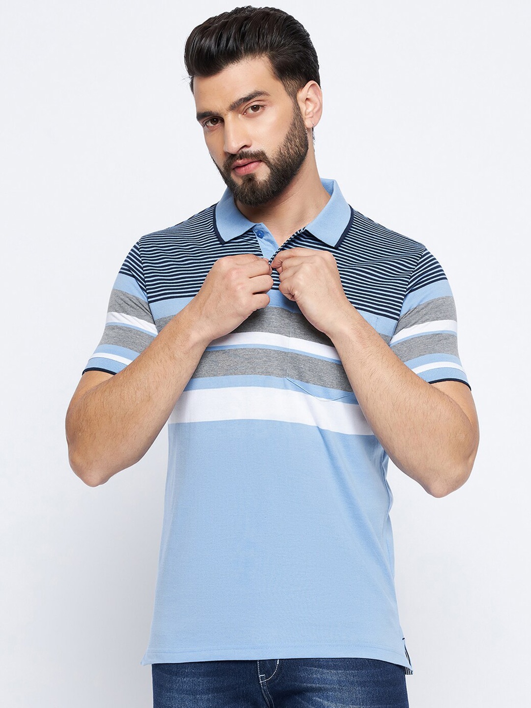 

NEVA Striped Polo Collar Cotton T-shirt, Blue