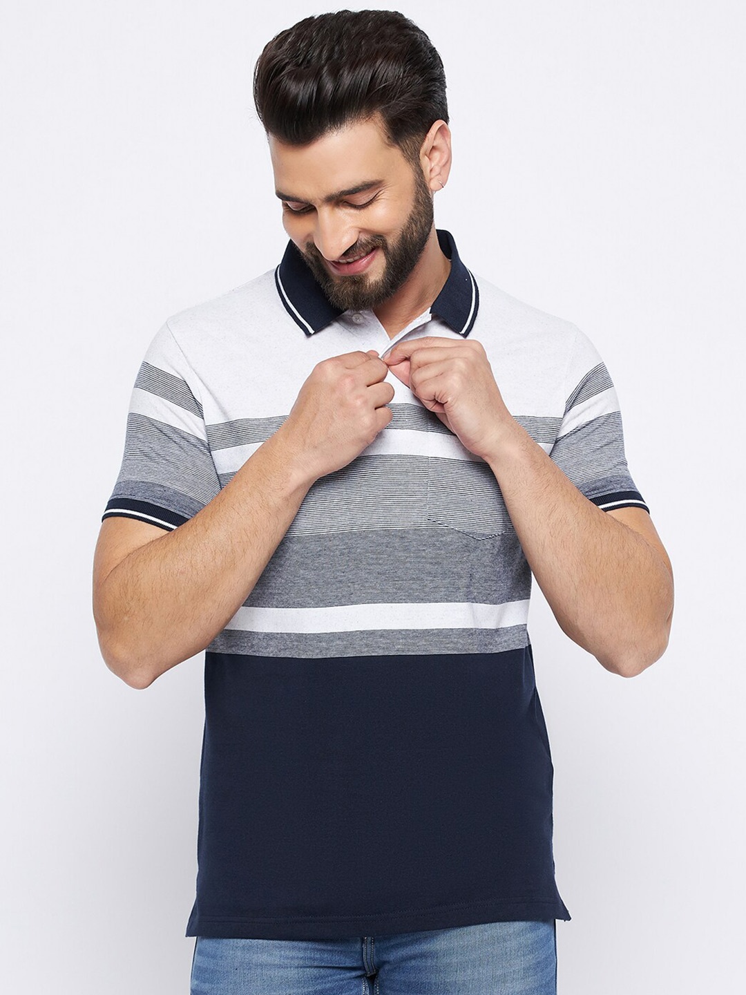

NEVA Striped Polo Collar Cotton T-shirt, Navy blue