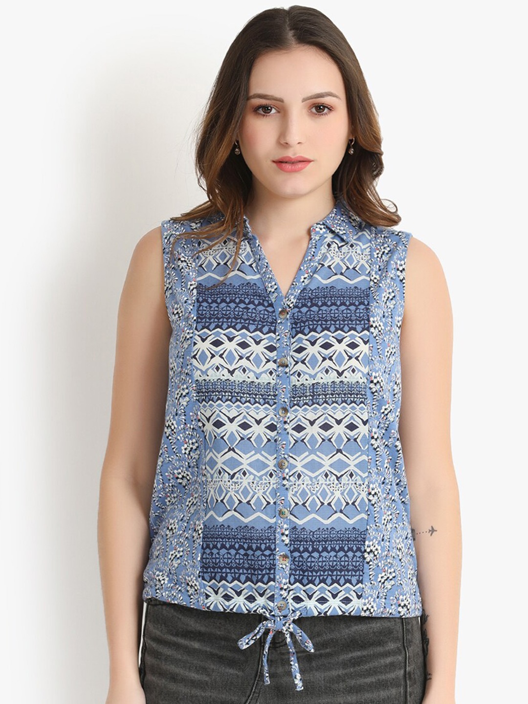 

putsum Classic Geometric Printed Cotton Semi Sheer Straight Casual Shirt, Blue