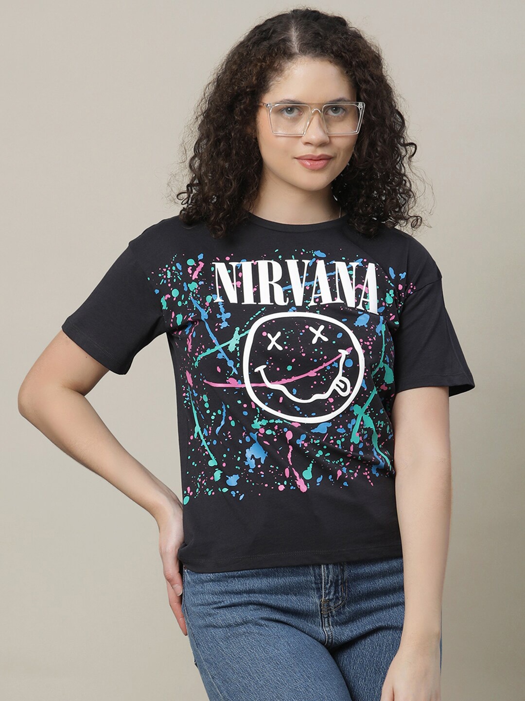 

Kids Ville Girls Nirvana Graphic Printed Pure Cotton Relaxed Fit T-shirt, Black