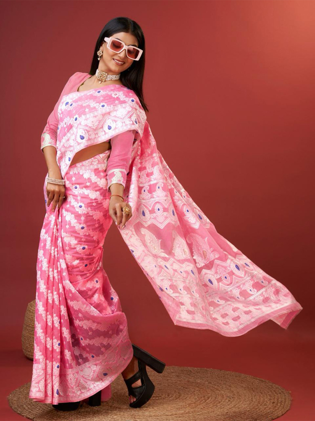 

bansari textiles Woven Design Zari Banarasi Saree, Pink