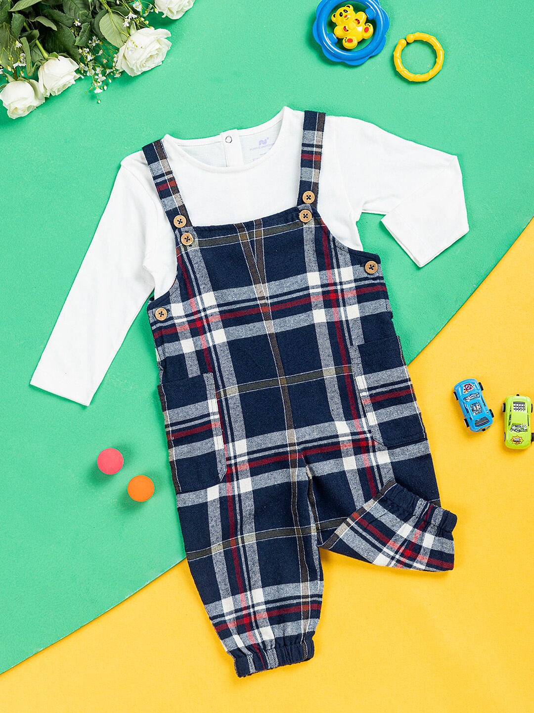 

Purple United Kids Infants Kids Checked Cotton Dungarees With T-Shit, Navy blue