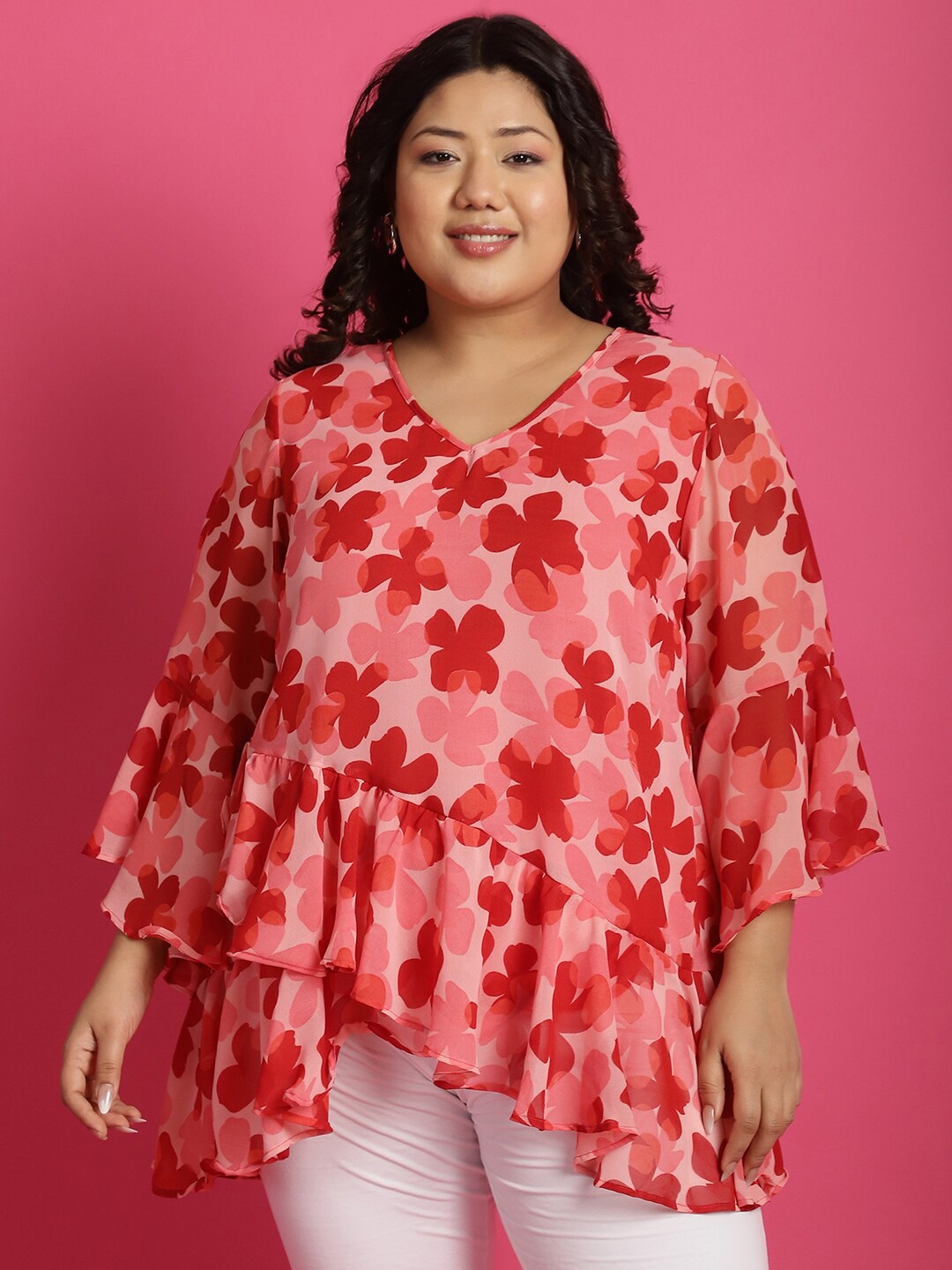 

theRebelinme Floral Print Bell Sleeve Layered Georgette Plus Size Top, Pink