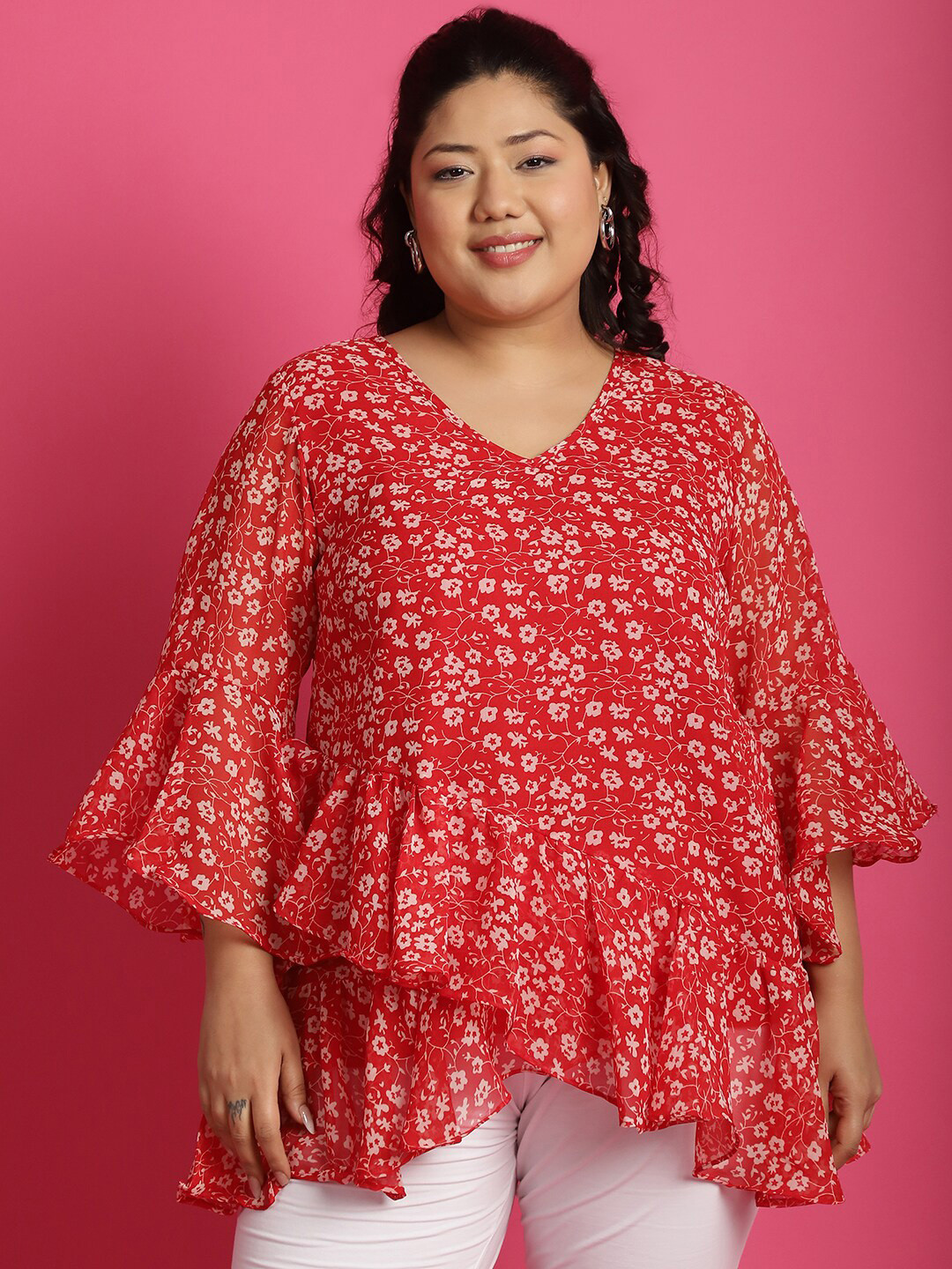 

theRebelinme V Neck Floral Print Bell Sleeve Layered Georgette Peplum Plus Size Top, Red