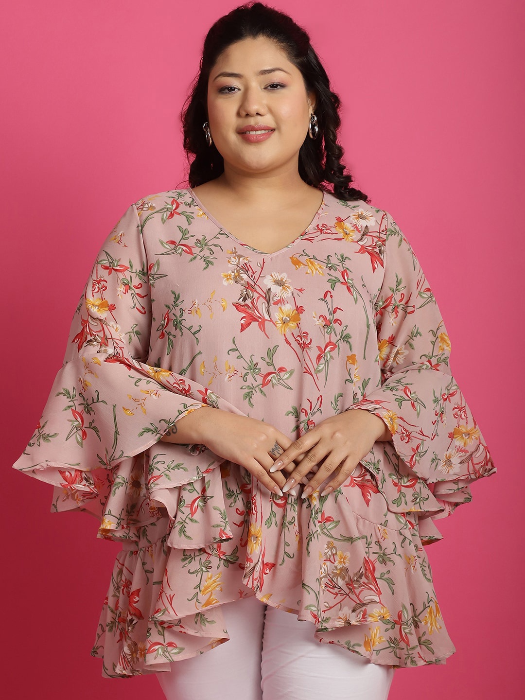 

theRebelinme Floral Printed Bell Sleeve Layered Georgette Plus Size Top, Pink