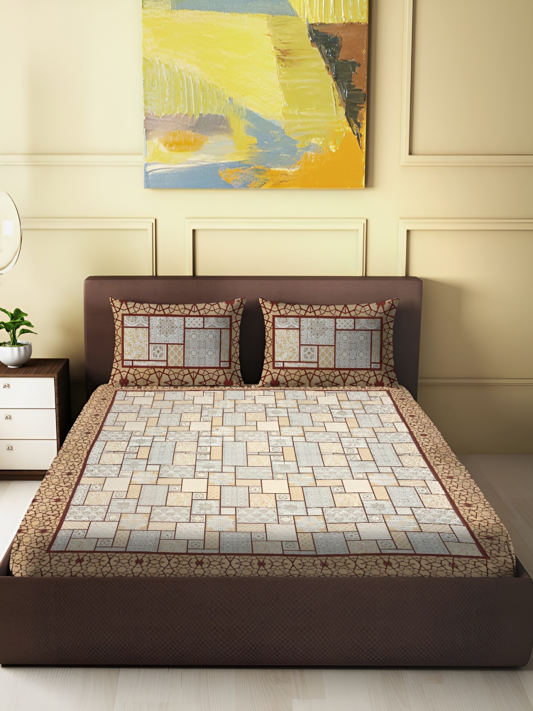 

Spangle Beige & Brown Graphic 260 TC Cotton King Bedsheet with 2 Pillow Covers