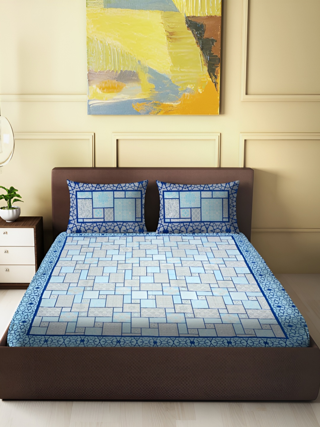 

Spangle Blue & Beige Geometric 260 TC Cotton King Bedsheet with 2 Pillow Covers