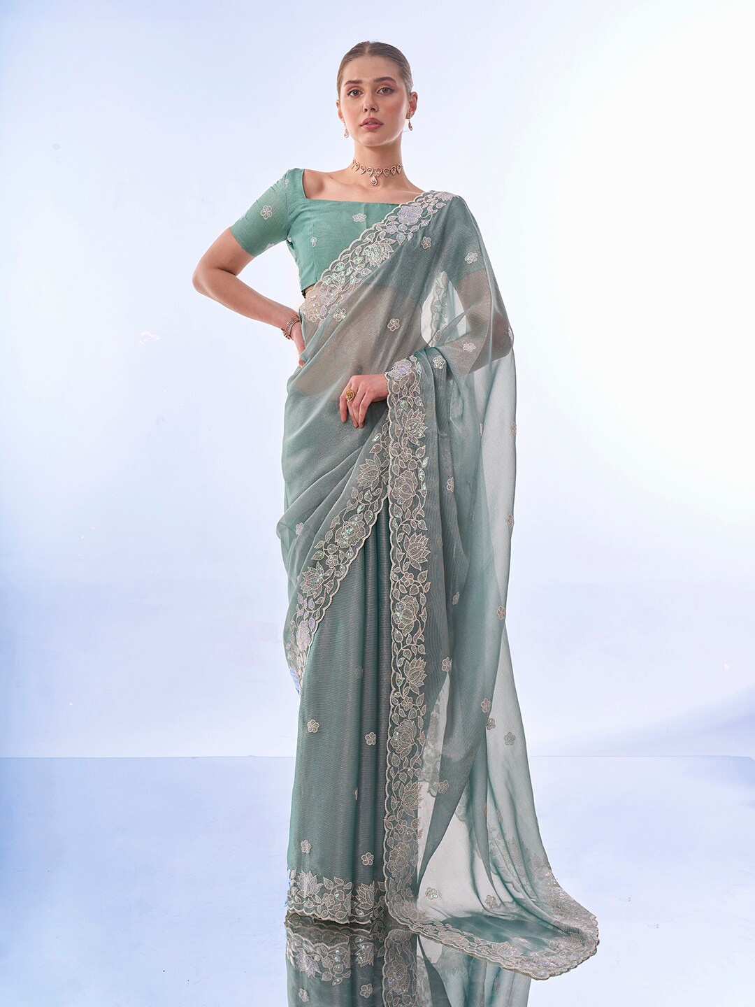 

Mitera Floral Embroidered Pure Chiffon Heavy Work Saree, Sea green