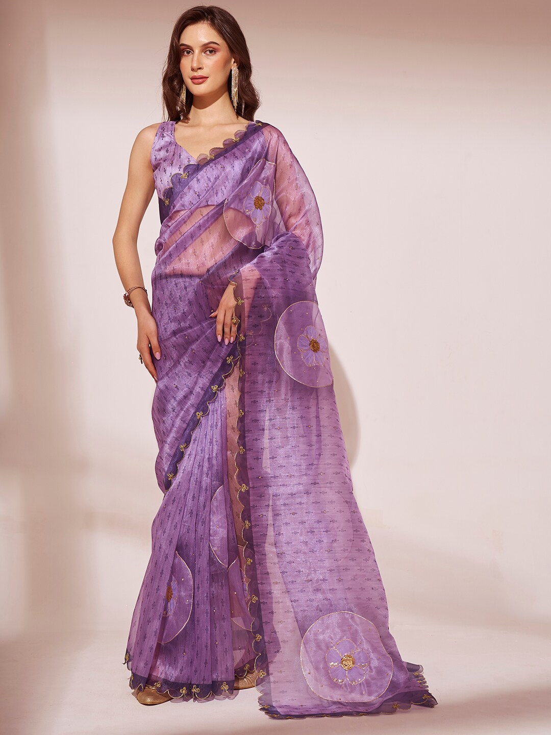 

Mitera Floral Zari Organza Saree, Lavender