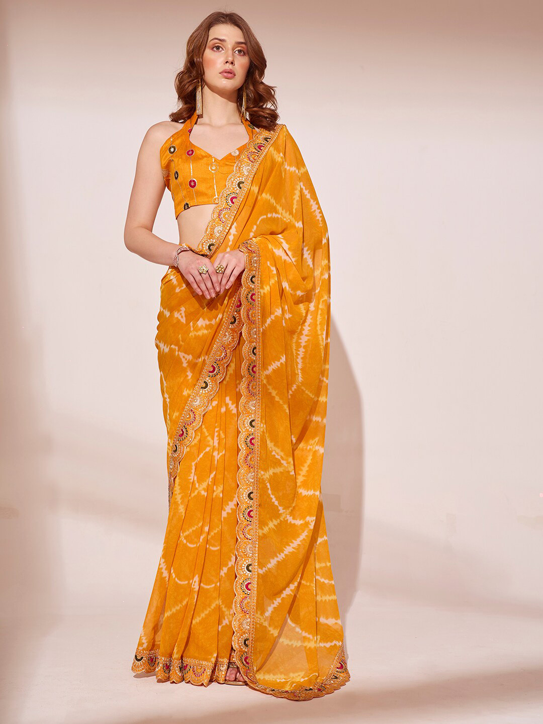 

Mitera Leheriya Embroidered Pure Georgette Saree, Yellow