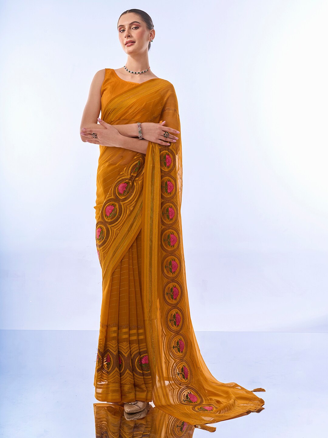 

Mitera Embellished Embroidered Pure Chiffon Saree, Mustard