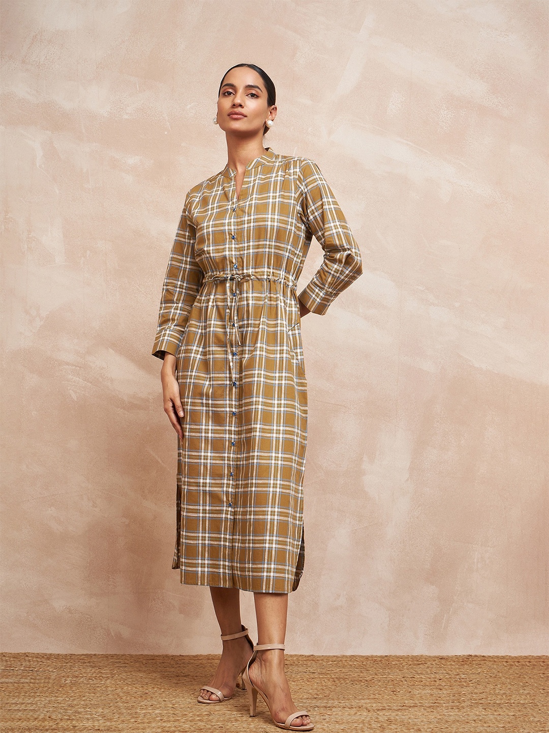 

STADO Checked Mandarin Collar Cotton Shirt Style Dress, Brown