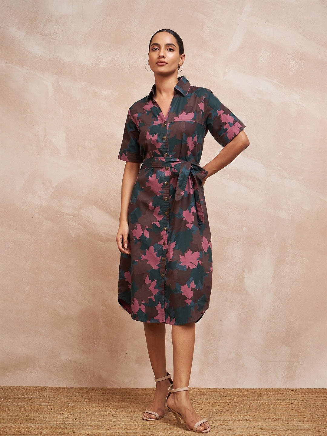 

STADO Floral Print Shirt Collar Cotton A-Line Dress, Pink