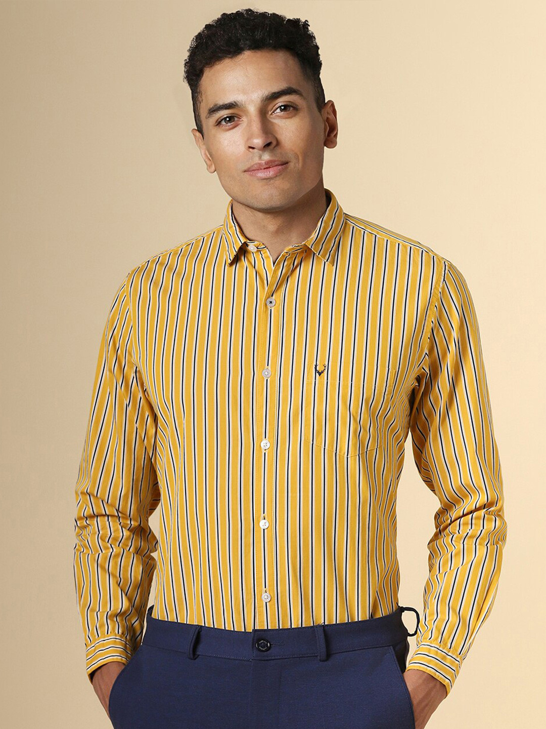 

Allen Solly Slim Fit Opaque Striped Cotton Formal Shirt, Yellow