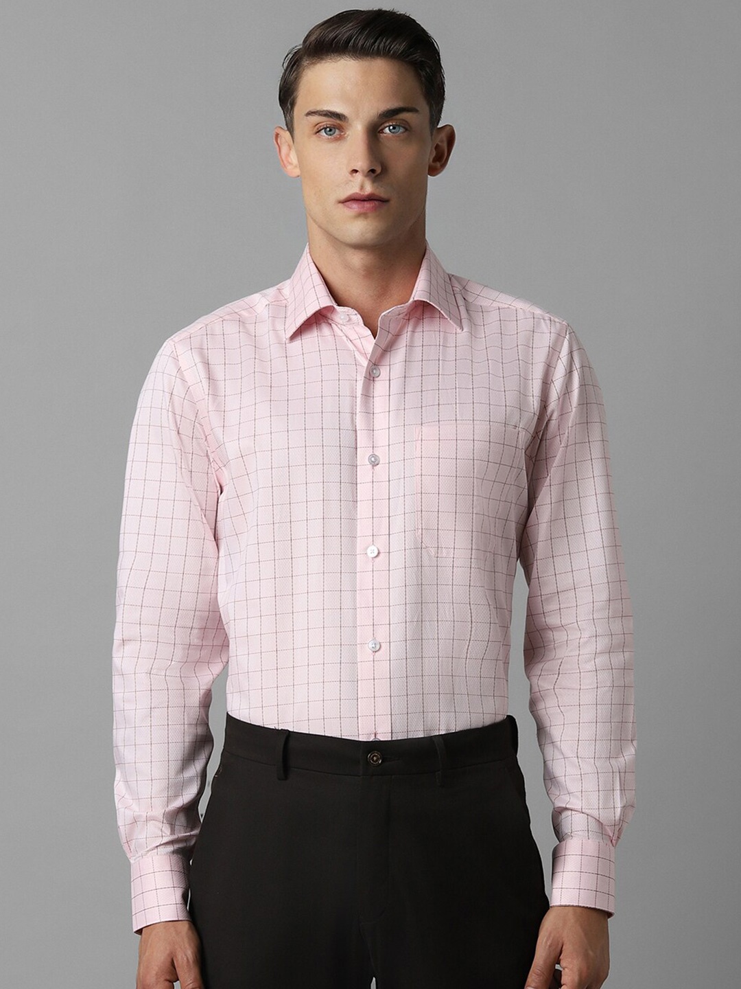 

Louis Philippe Classic Fit Windowpane Checks Opaque Full Sleeves Cotton Formal Shirt, Pink