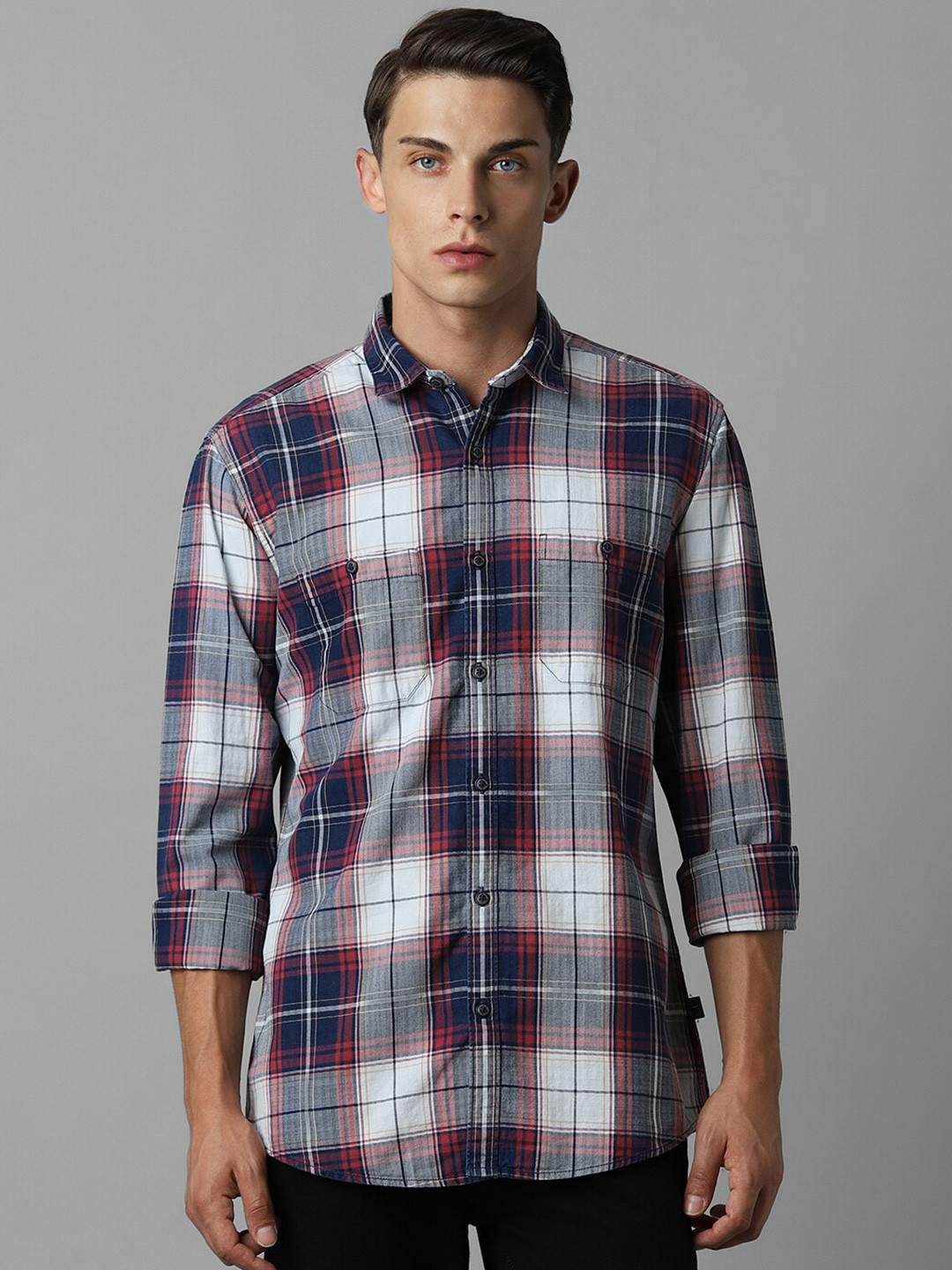 

Louis Philippe Jeans Slim Fit Tartan Checks Opaque Full Sleeves Cotton Casual Shirt, Maroon