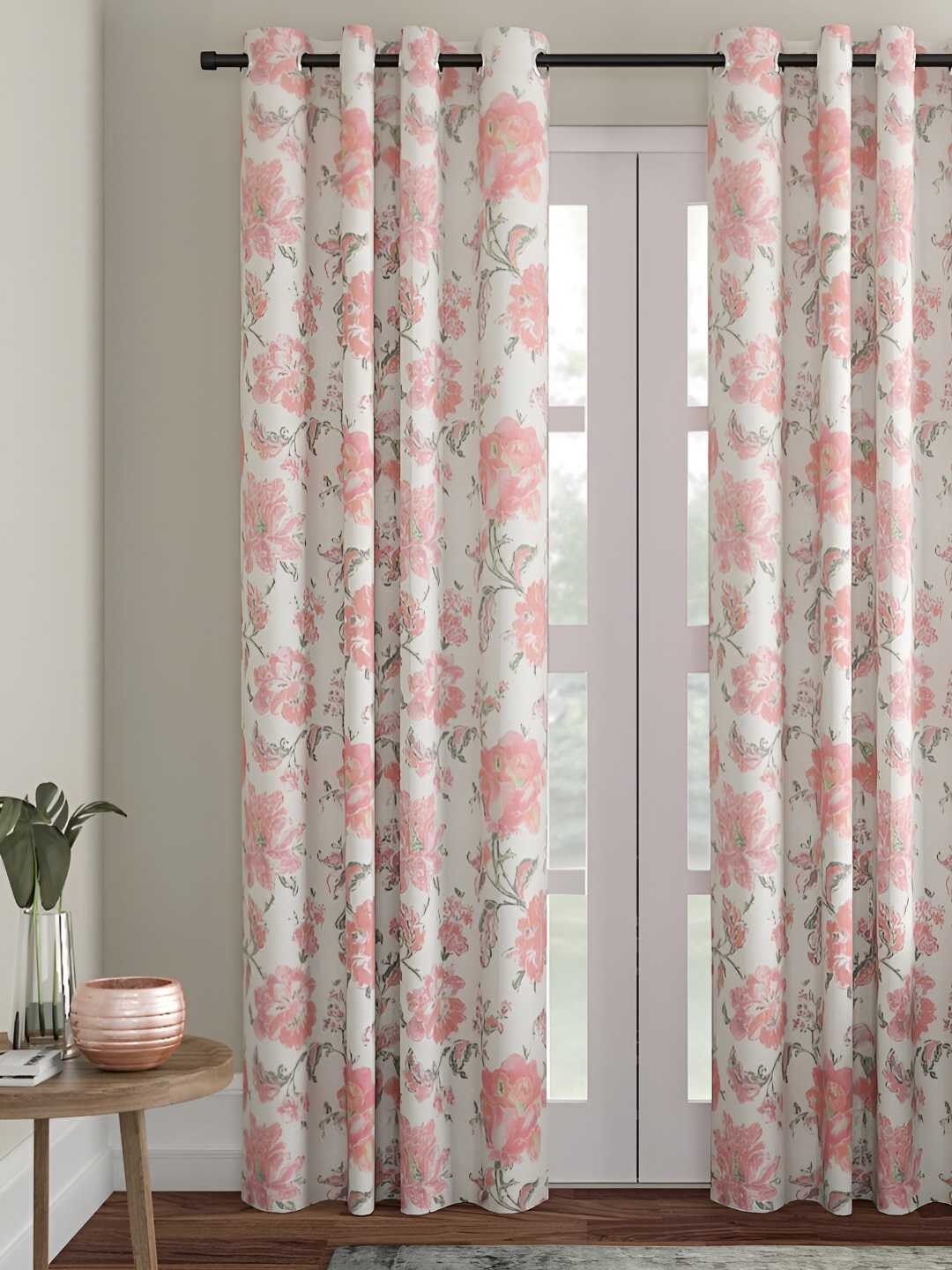 

Aura Red & Off White Floral Jute Cotton Eyelet Room Darkening Window Curtains
