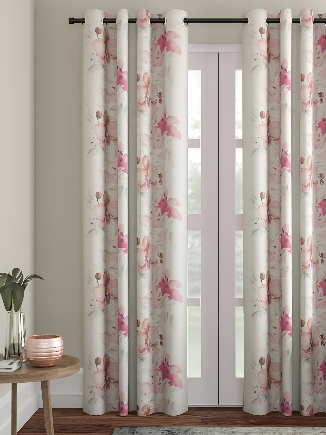 

Aura Pink & White Floral Printed Jute Cotton Room Darkening Door Curtain