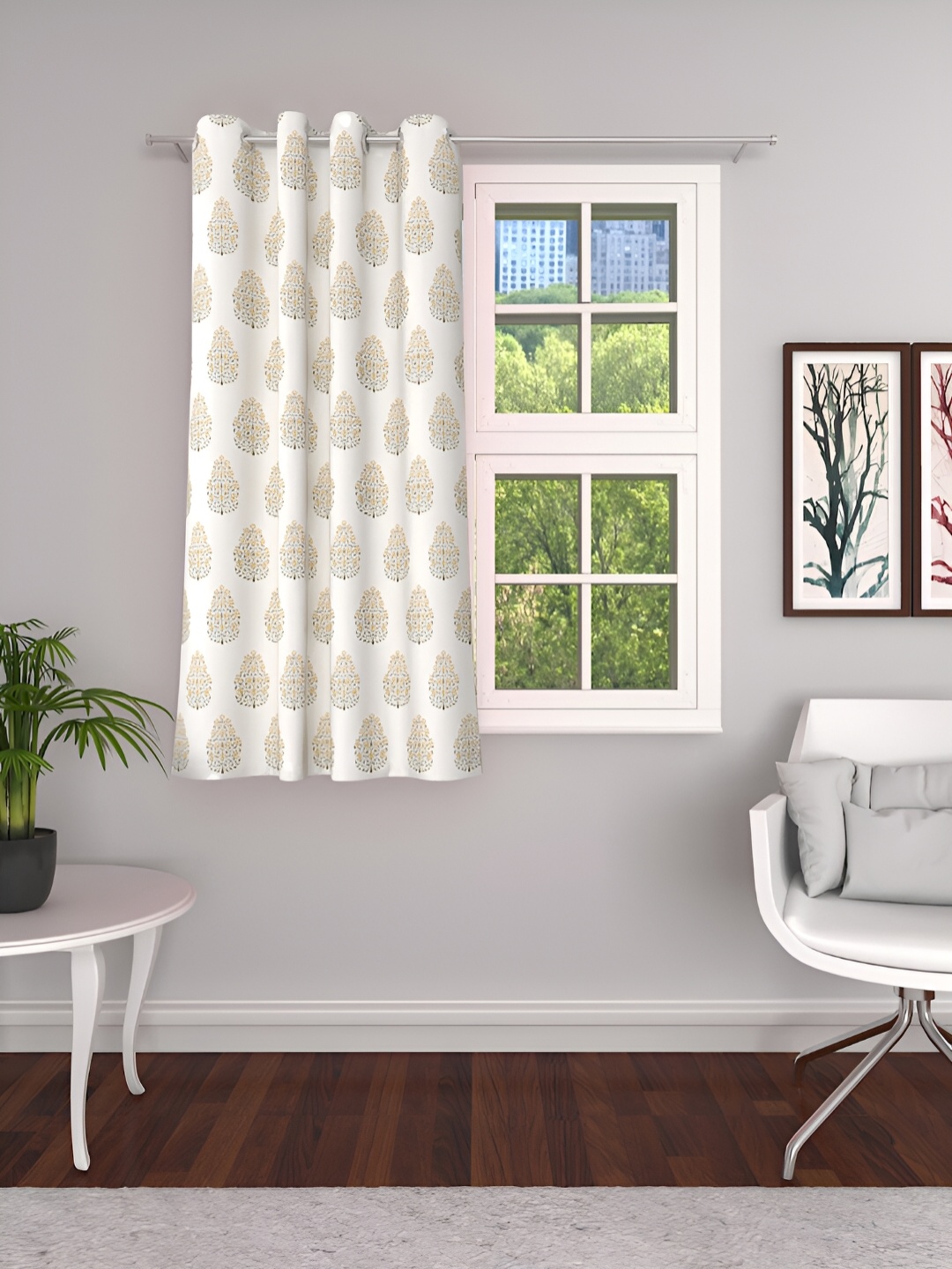 

Aura White & Yellow Ethnic Motifs Room Darkening Window Curtain