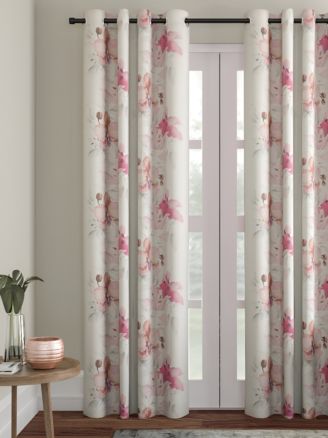 

Aura Pink & Off White Floral Printed Premium Jute Room Darkening Window Curtain