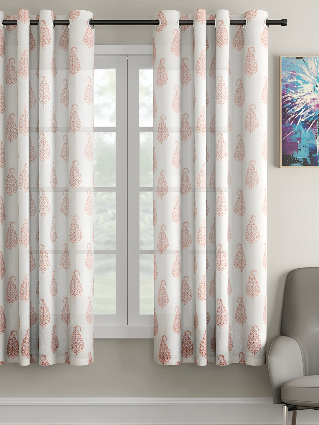 

Aura White & Red Ethnic Motifs Printed Sheer Window Curtain