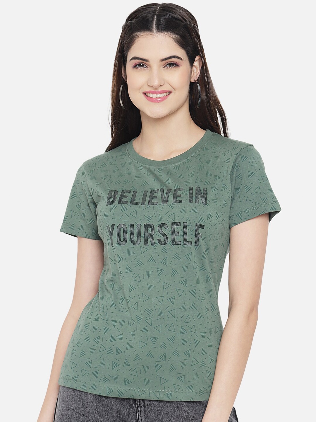 

Plagg Typography Printed Round Neck Cotton T-shirt, Green