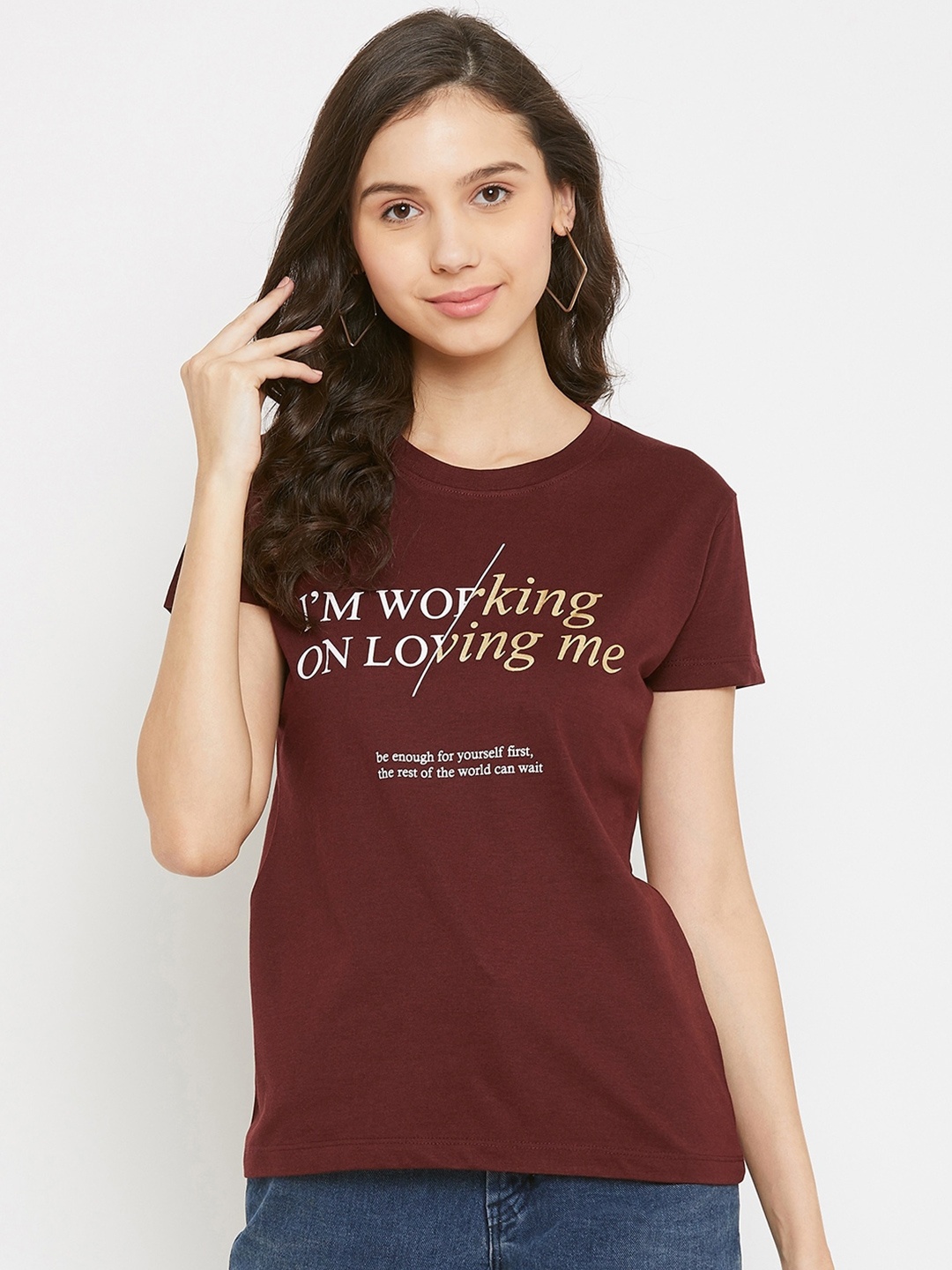 Plagg Typography Printed Round Neck T-shirt, Maroon