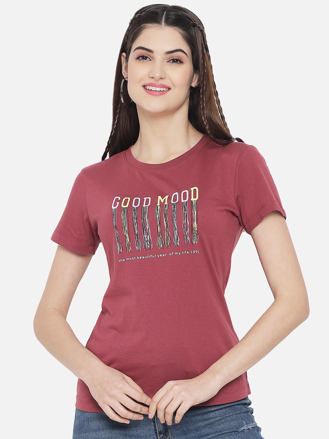 

Plagg Typography Printed Round Neck Cotton T-shirt, Mauve