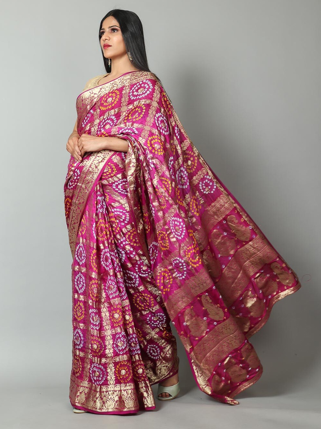 

Kishori Sarees Bandhani Zari Pure Silk Saree, Pink