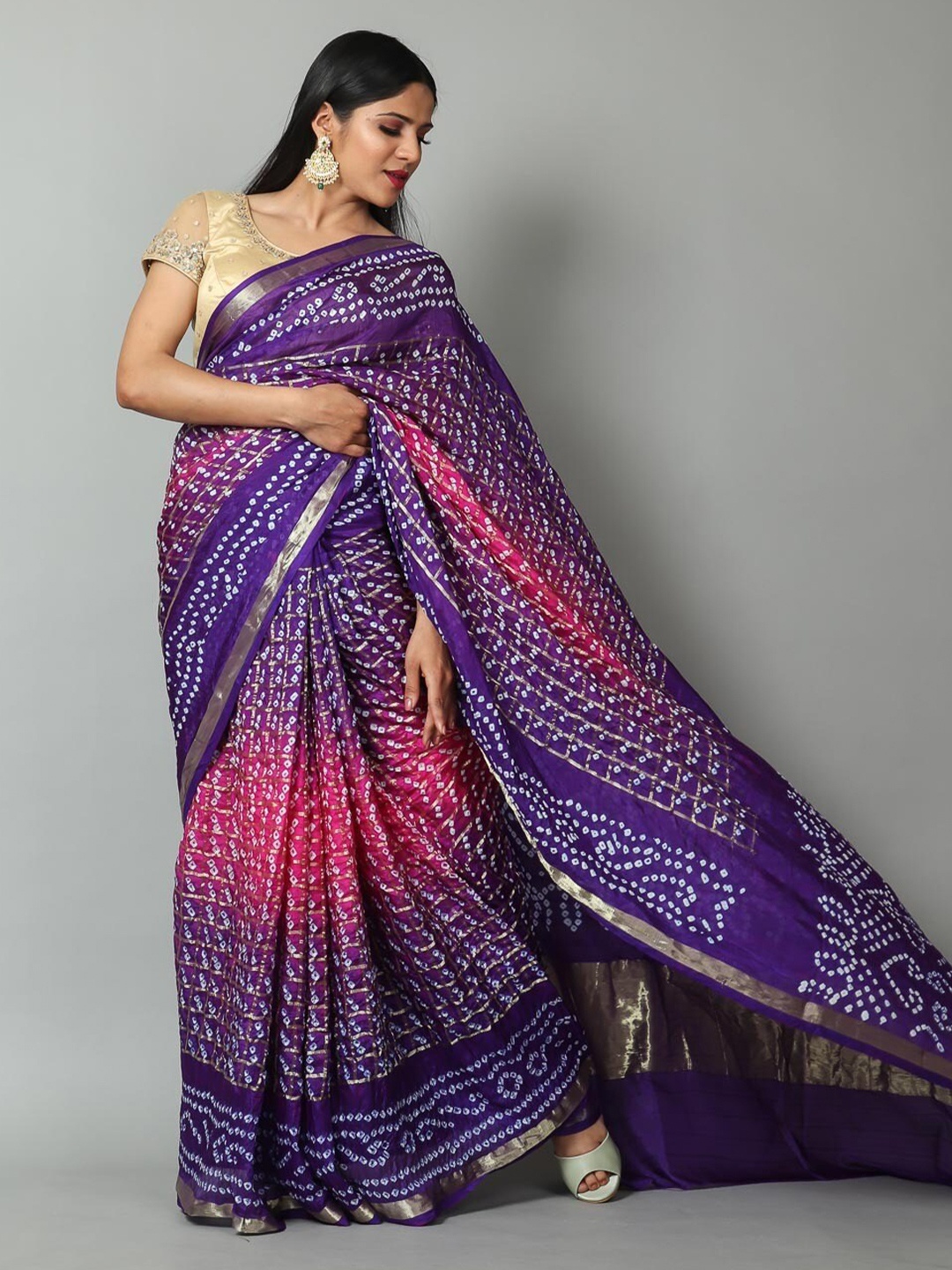 

Kishori Sarees Bandhani Zari Pure Silk Saree, Purple