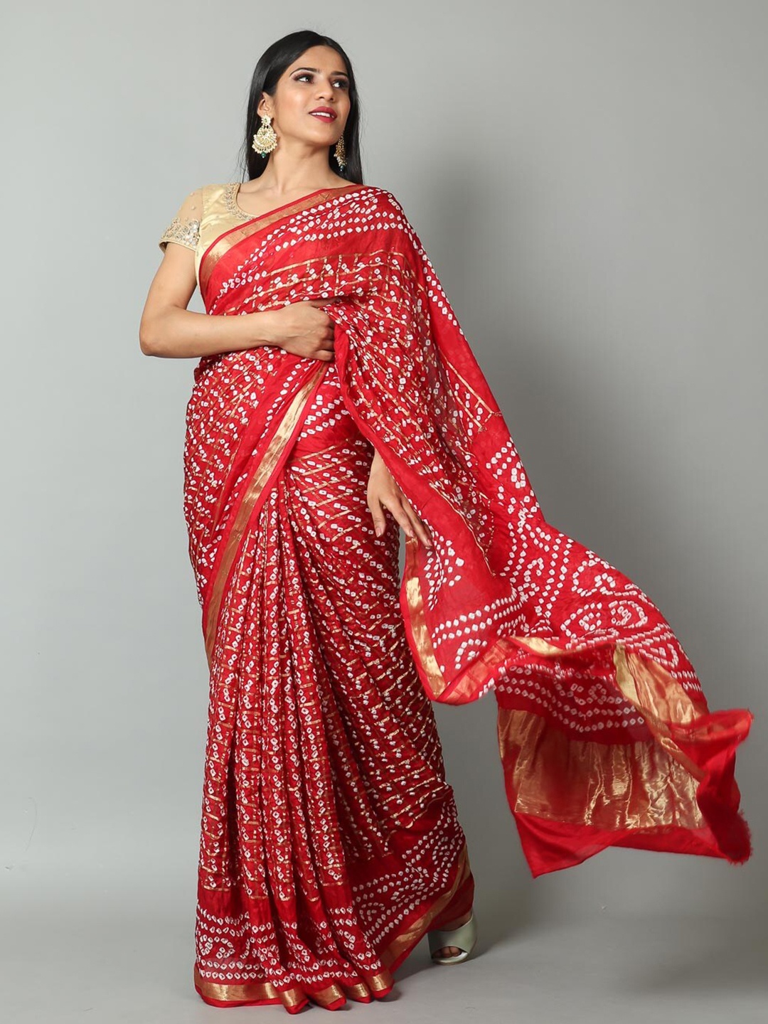 

Kishori Sarees Printed Zari Pure Silk Bandhani Saree, Red