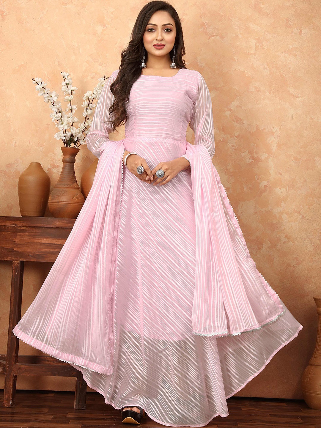 

N N ENTERPRISE Striped Anarkali Kurta With Dupatta, Pink