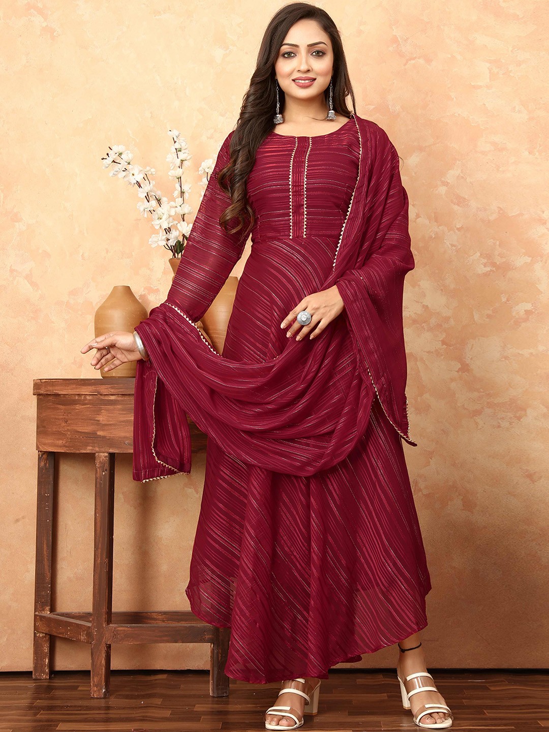 

N N ENTERPRISE Striped Georgette Anarkali Kurta with Dupatta, Red