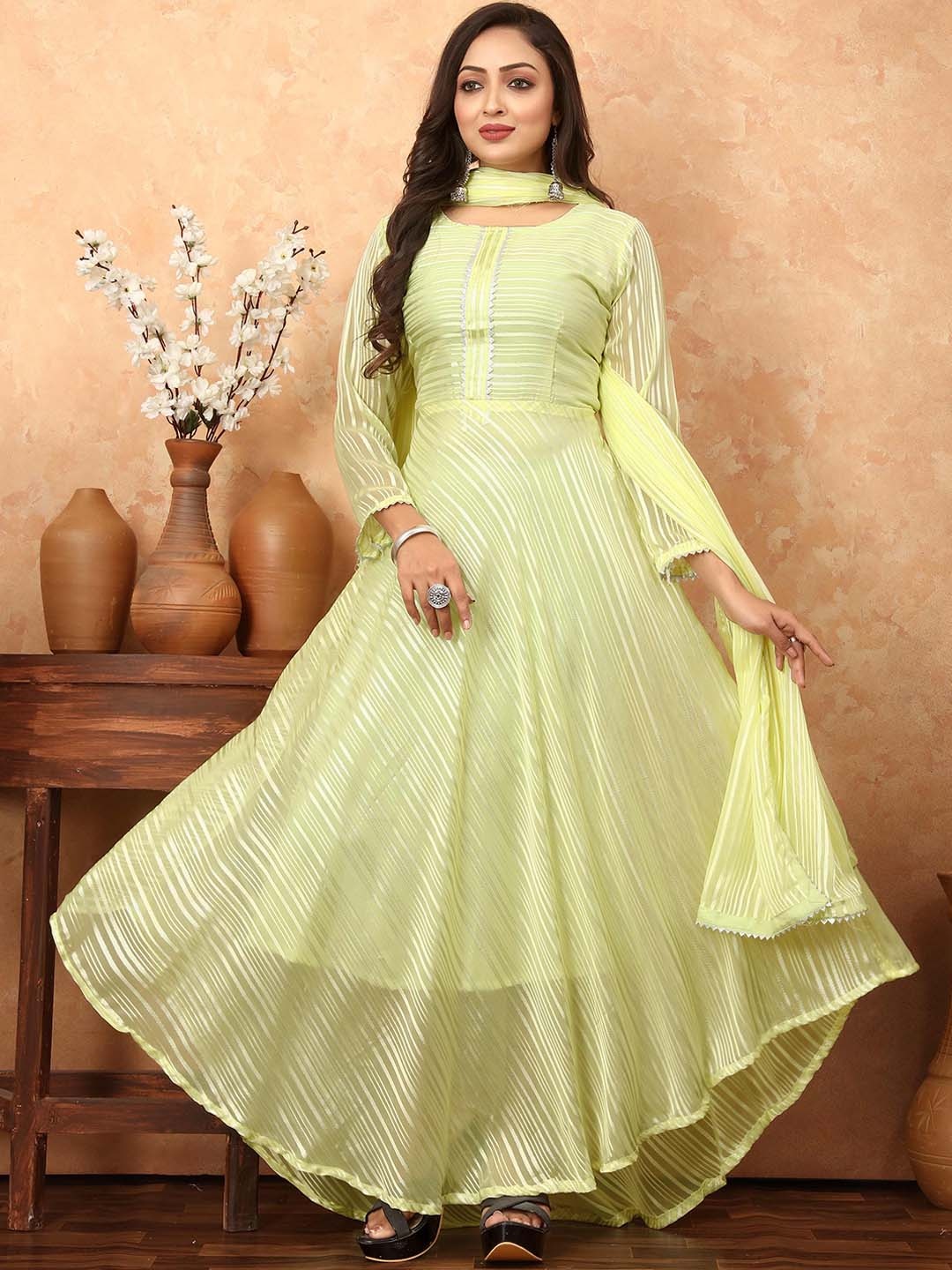 

N N ENTERPRISE Striped Georgette Anarkali Kurta with Dupatta, Yellow