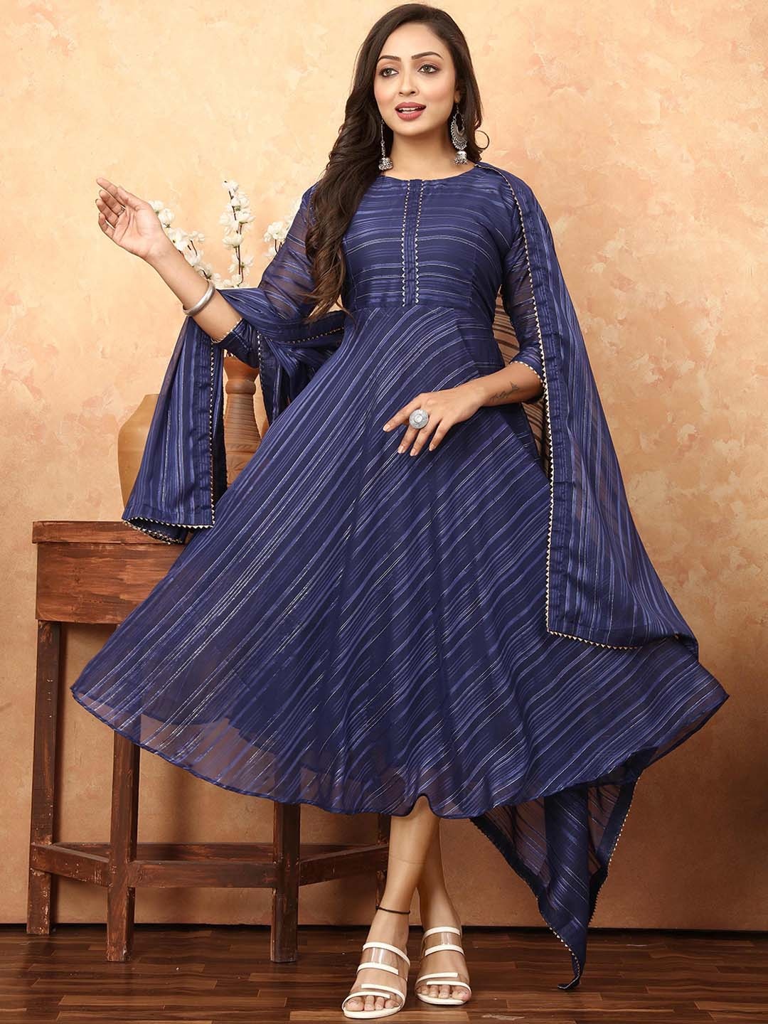 

N N ENTERPRISE Striped Fit & Flare Georgette Ethnic Dress With Dupatta, Blue