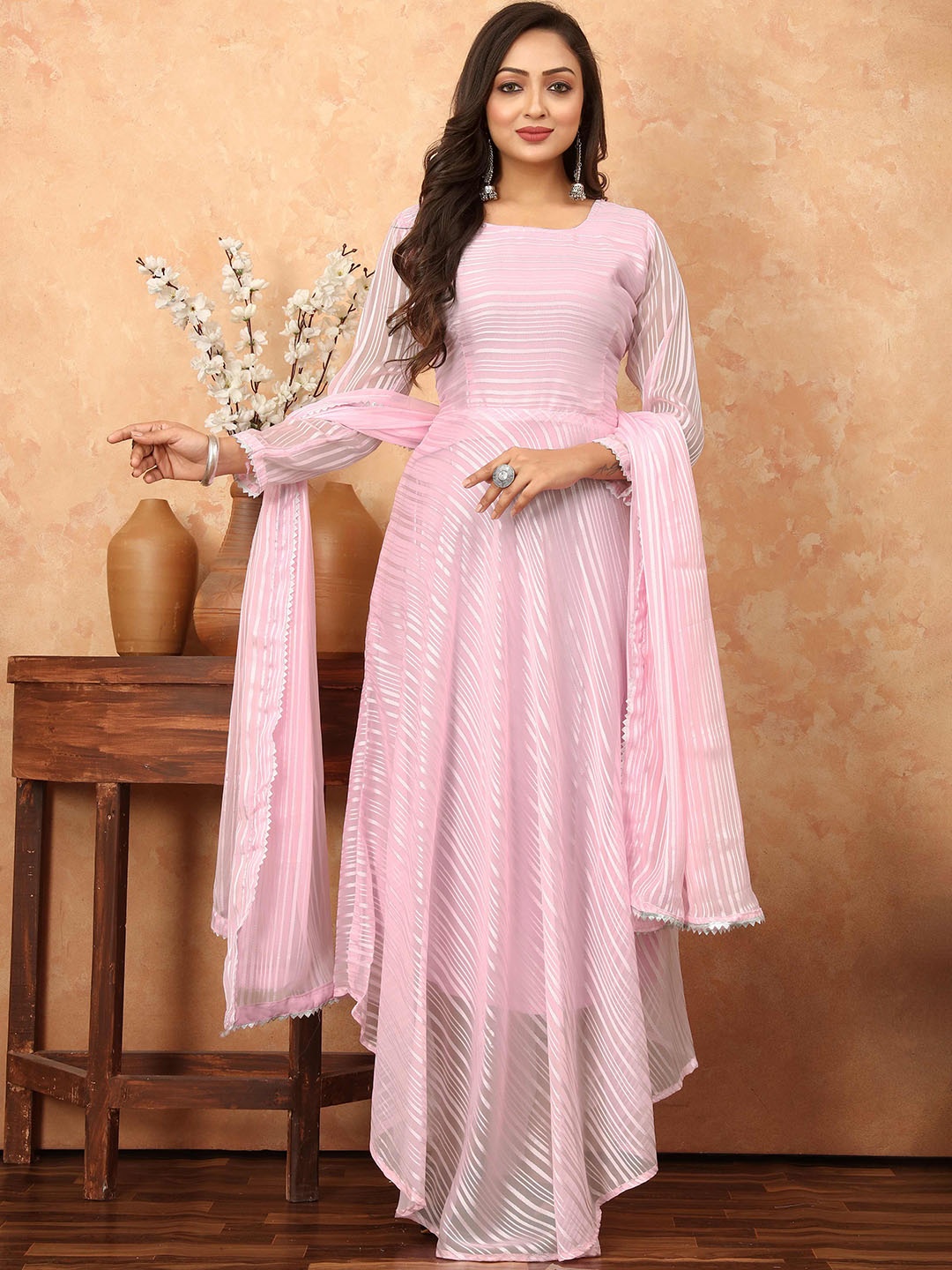 

N N ENTERPRISE Striped Anarkali Kurta With Dupatta, Pink
