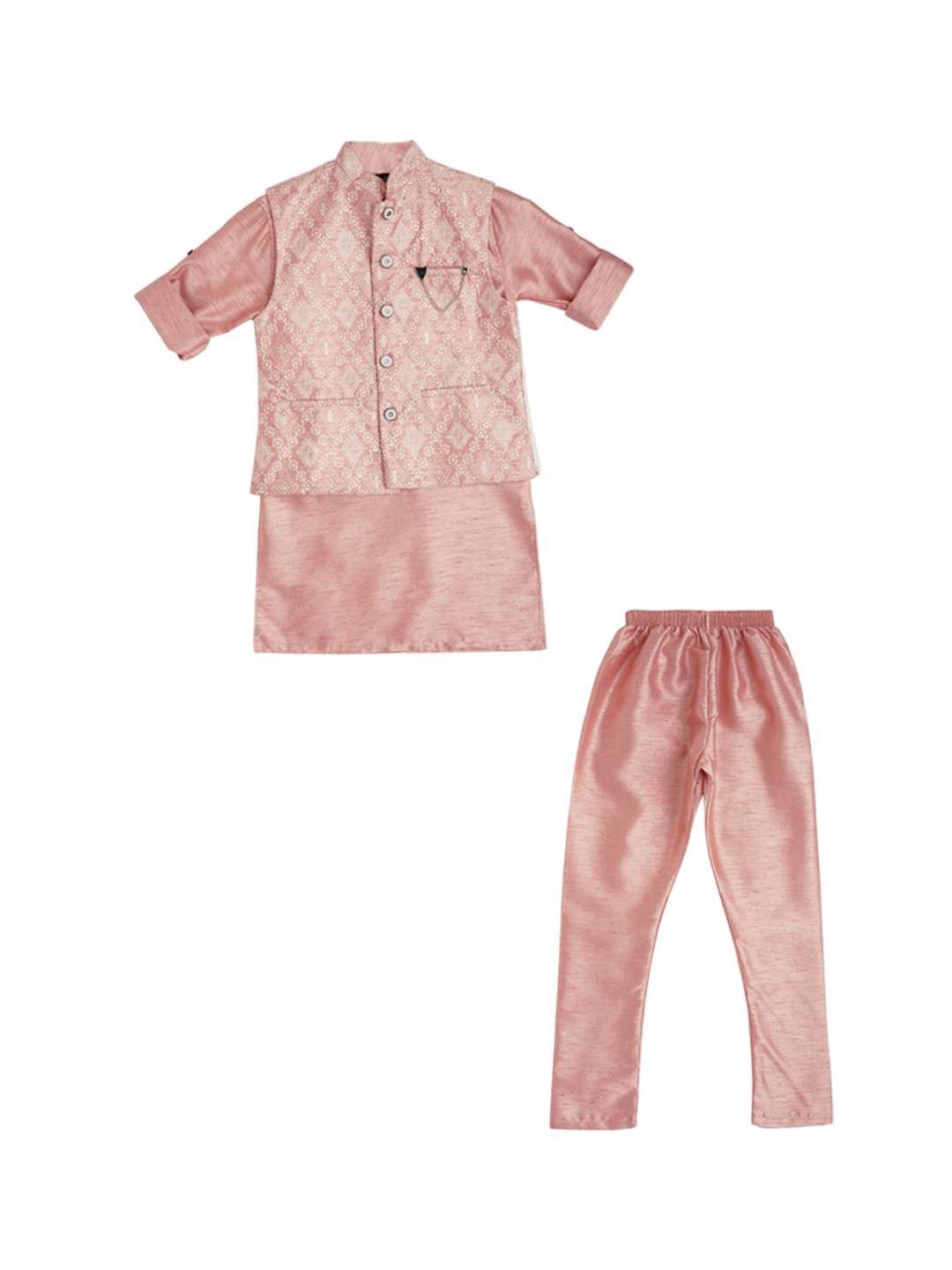 

CAVIO Boys Floral Printed Thread Work Cotton Kurta With Pyjamas & Nehru Jacket, Pink