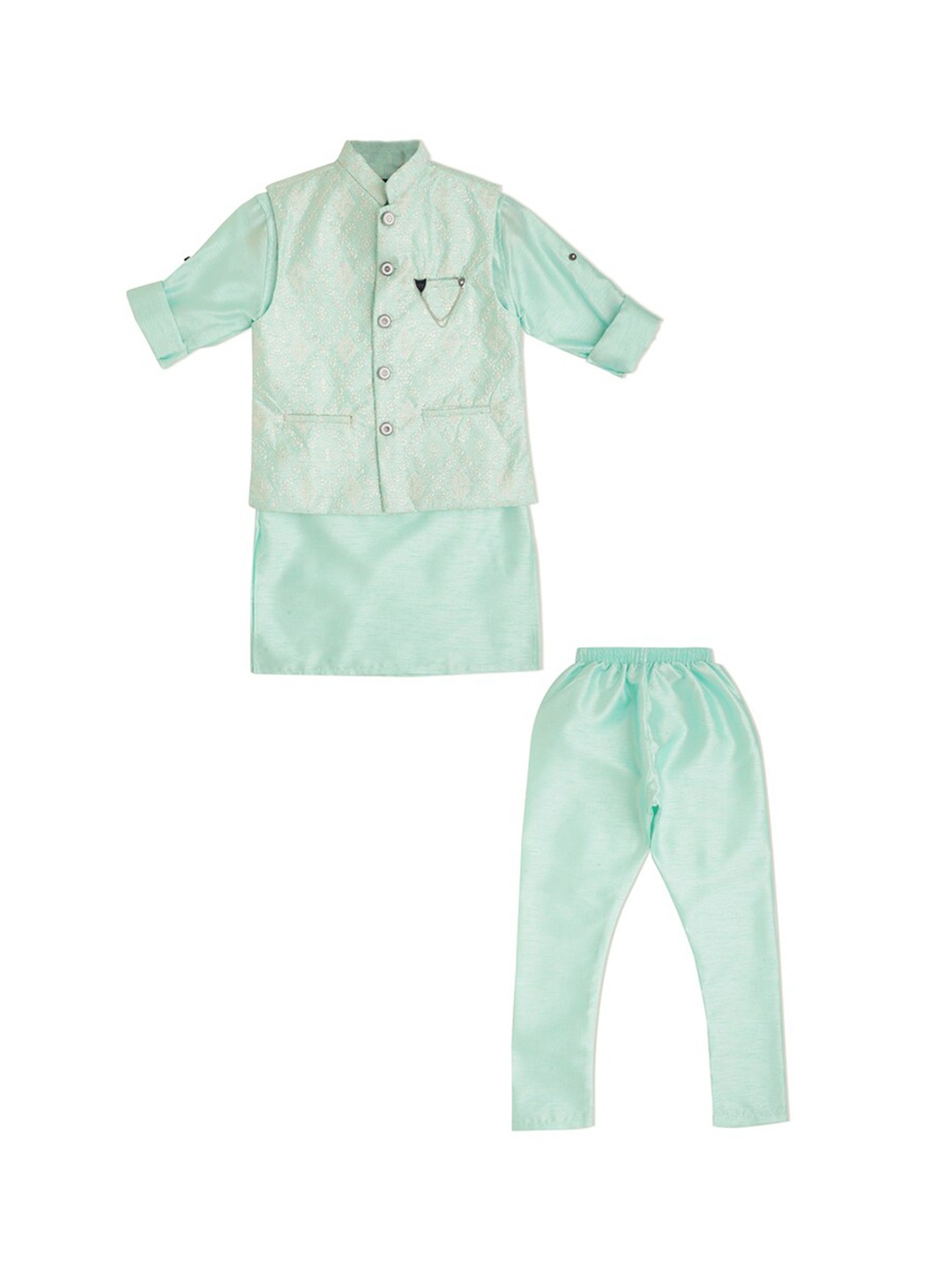 

CAVIO Boys Floral Printed Thread Work Cotton Kurta With Pyjamas & Nehru Jacket, Green