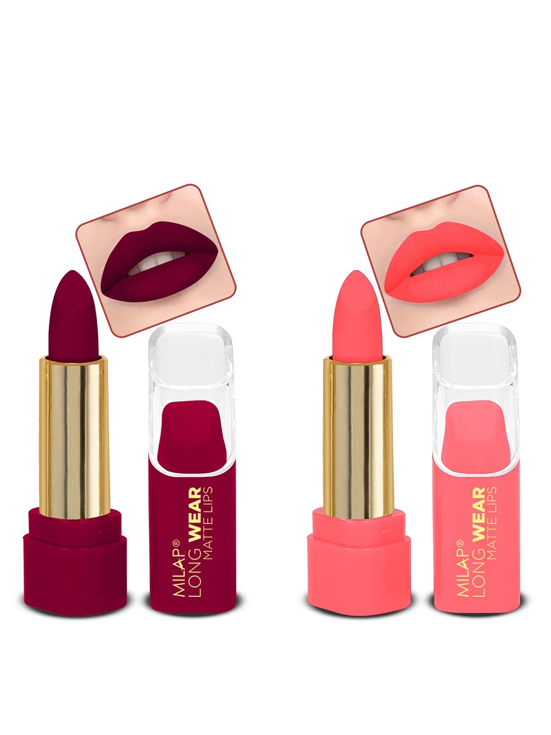 

MILAP Set Of 2 Long Wear Waterproof Matte Lipstick - 4.2g Each - Touch Of Spice-Amuse Me, Peach