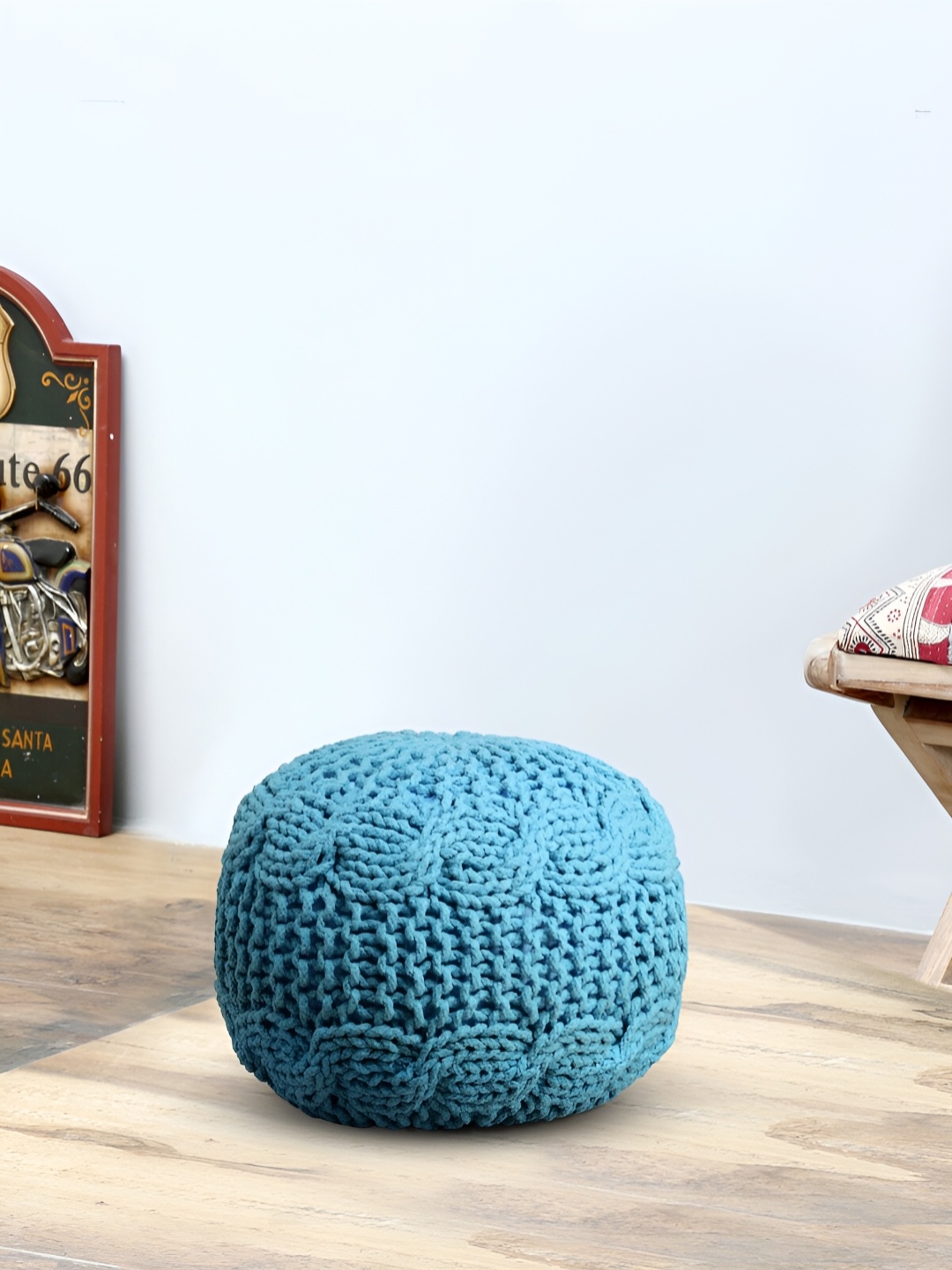 

ROMEE Twisted Rope Design Pouffe, Turquoise blue