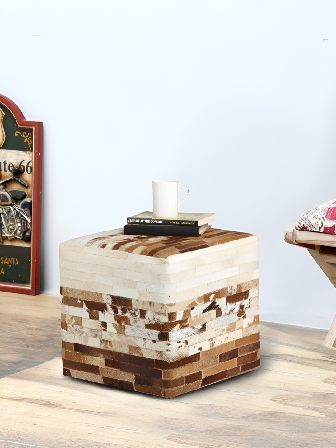 

ROMEE Brown & Beige Printed Cotton Square Leather Pouffe Ottomans