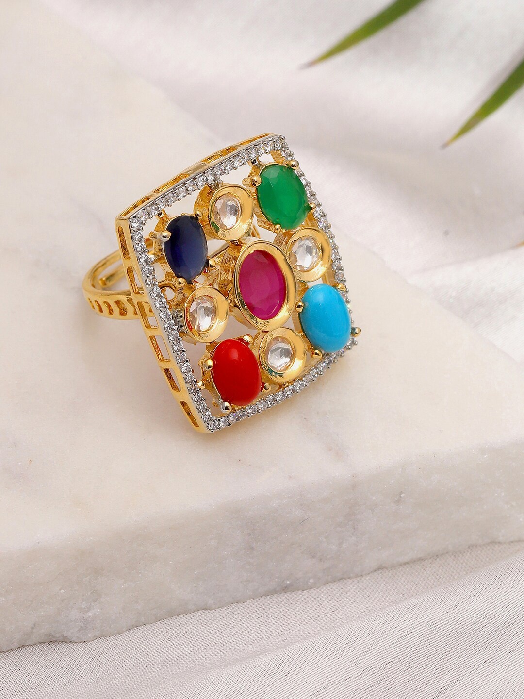

Ruby Raang Gold-Plated American Diamonds & Kundan Studded Finger Ring