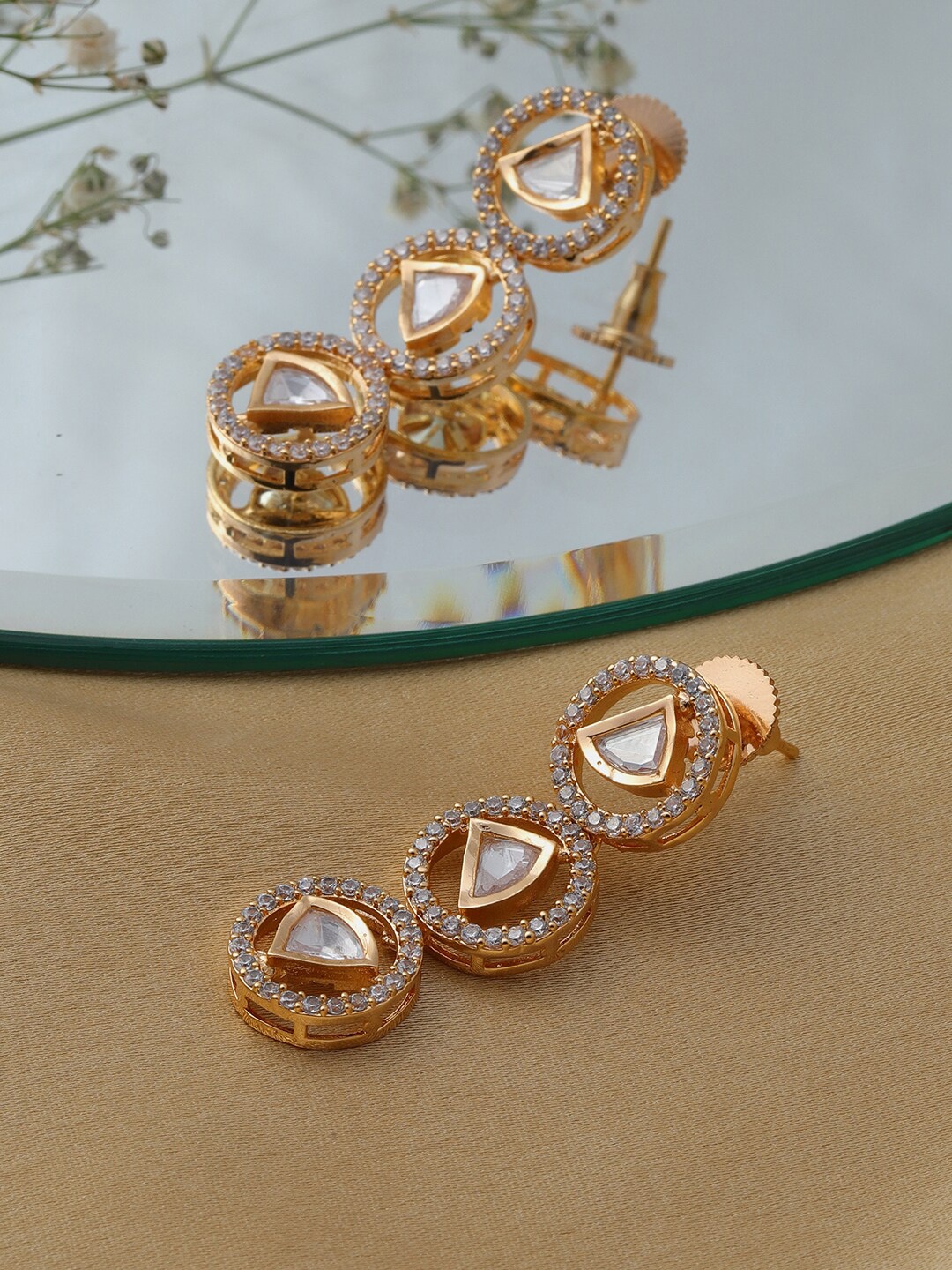 

Ruby Raang Gold-Plated Kundan Studded Contemporary Drop Earrings