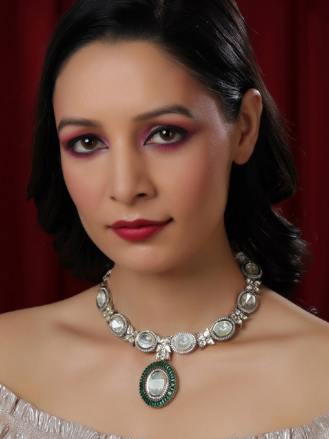 

Ruby Raang Brass Silver-Plated Kundan Necklace
