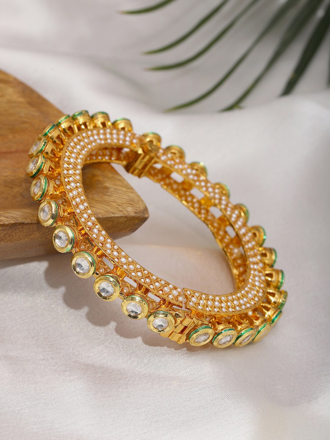 

Ruby Raang Gold-Plated American Diamond & Kundan-Studded Pearl Beaded Bangle