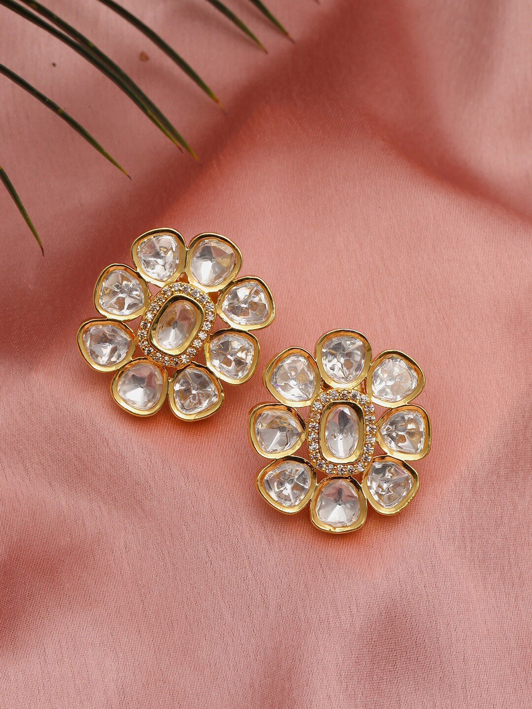 

Ruby Raang Gold-Plated Kundan Studded Contemporary Oversized Studs